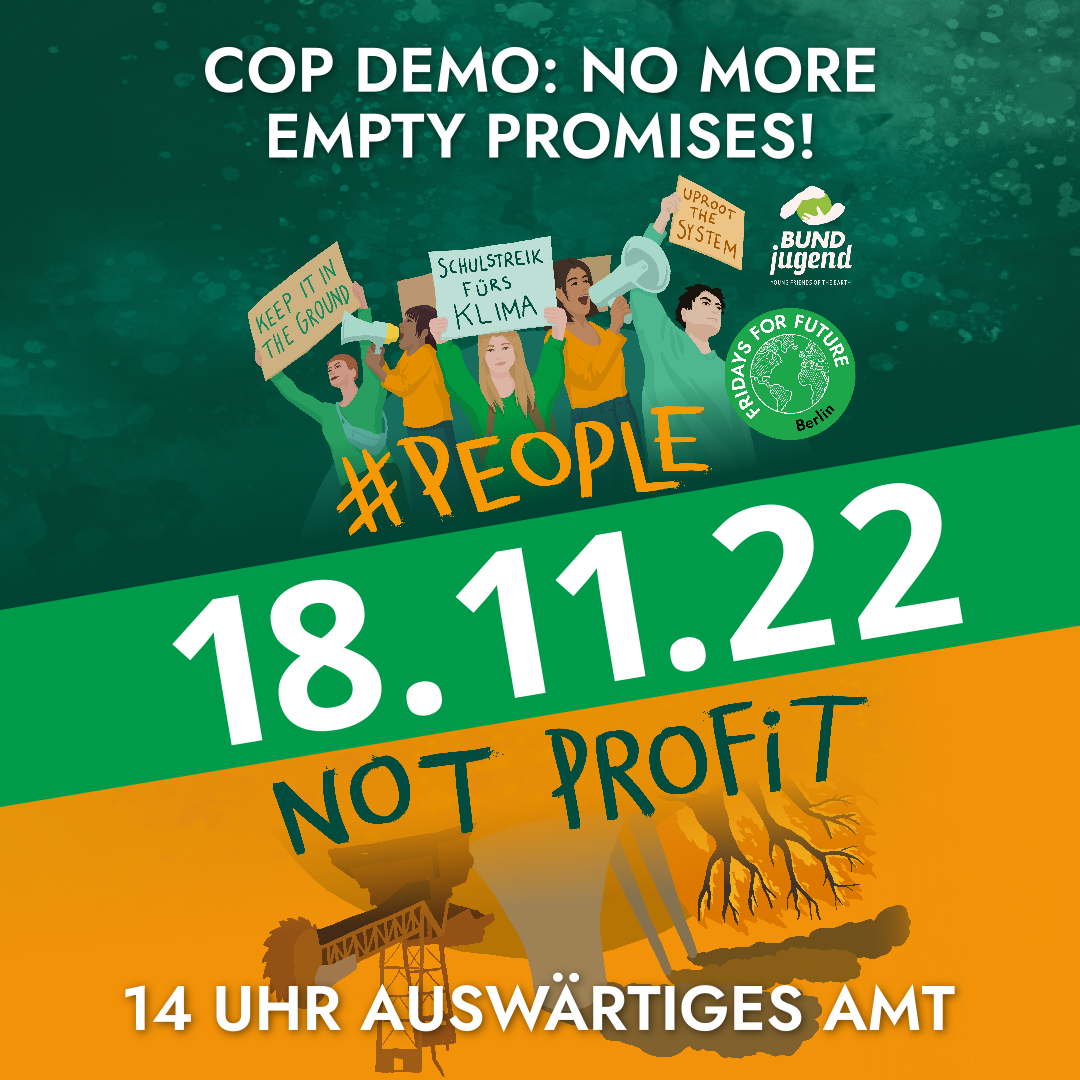 Sharepic mit Demoaufruf für eine FFF Aktion am 18.11.22 um 14 Uhr zum Thema COP. FFF Fordert mehr Klimaschutz