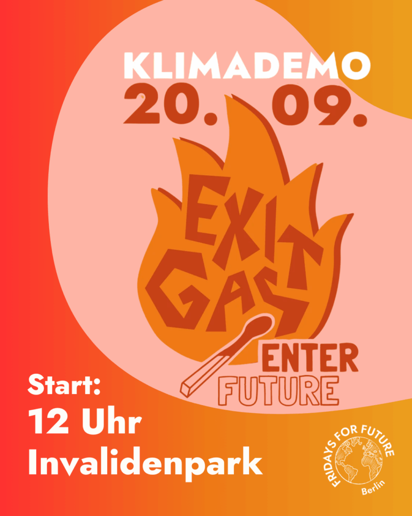 Sharepic mit Beschriftung: Klimademo 20.9., 12:00 Uhr, Invalidenpark